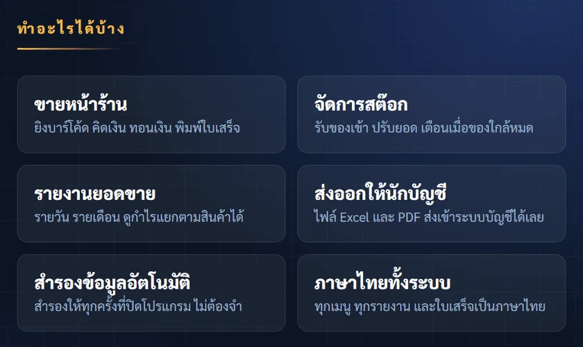 ความสามารถของ YMTD POS: ขายหน้าร้าน จัดการสต๊อก รายงานยอดขาย ส่งออกให้นักบัญชี สำรองข้อมูลอัตโนมัติ ภาษาไทยทั้งระบบ